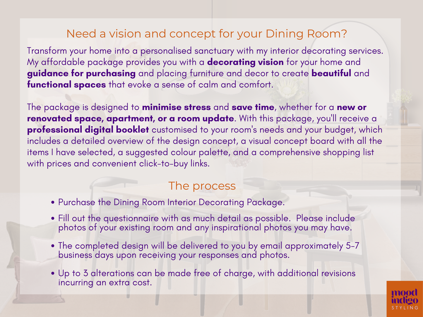 Dining Room Interior Decorating Package - Online service for Australian residents