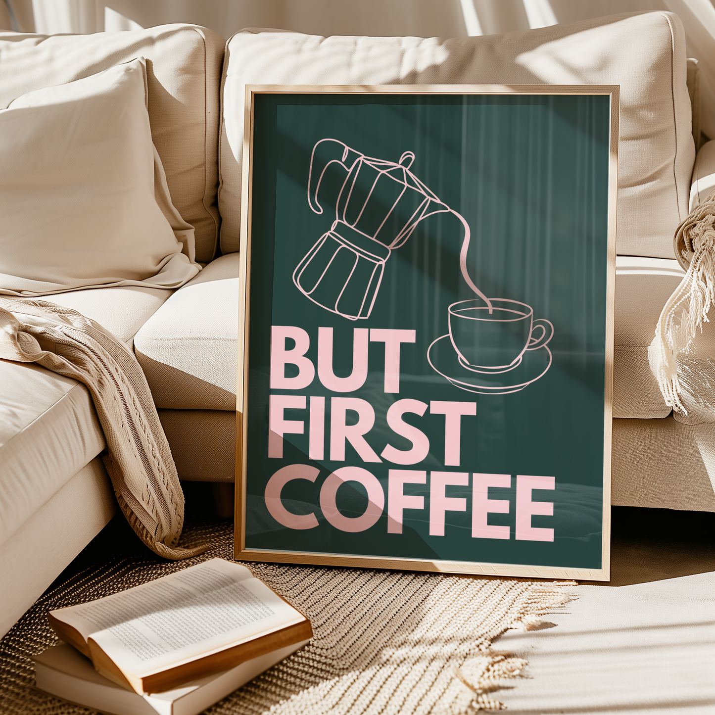But First Coffee - Dark green and pink- Premium Matte Paper Poster